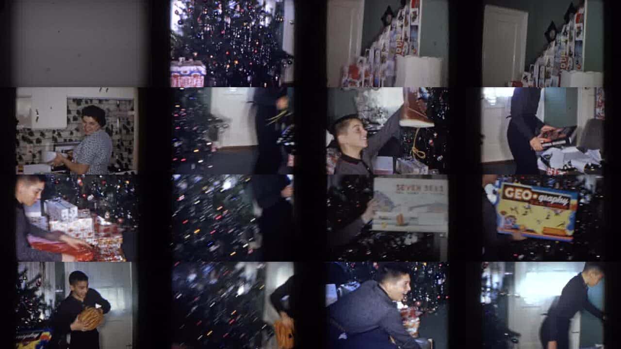 1960s Christmas morning home movie collage with gifts and family scenes.