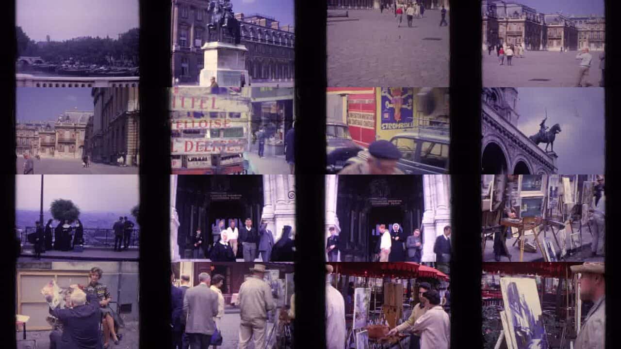 1960s Paris travel collage with landmarks, streets, and outdoor scenes.