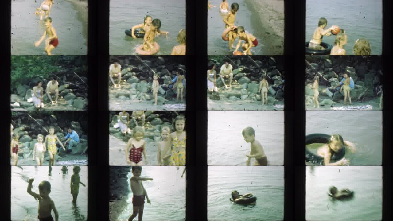 1947 Connecticut archival home movie collage showing representative scenes from this vintage stock footage collection