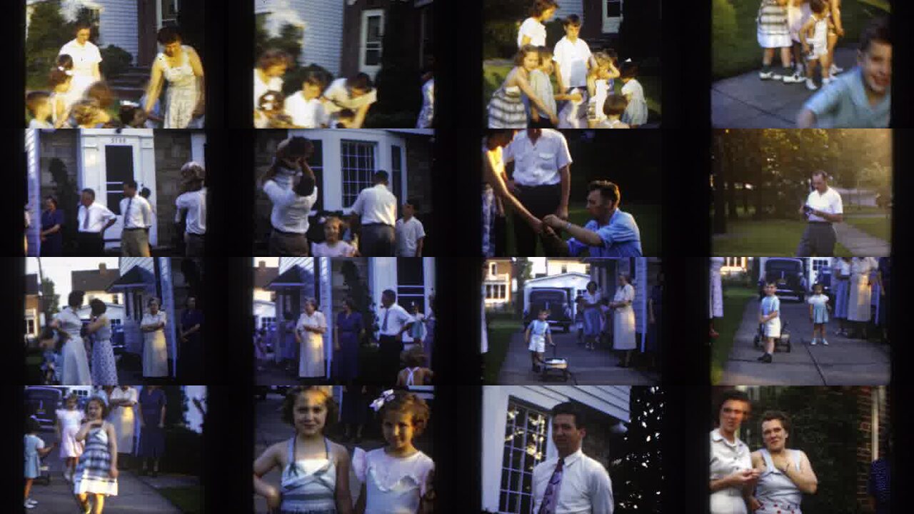 1949 Massachusetts archival home movie collage showing representative scenes from this vintage stock footage collection