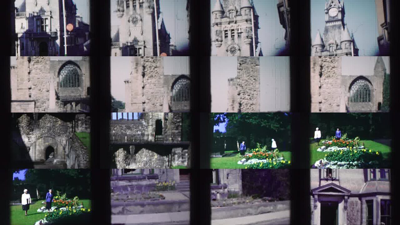1952 Edinbourgh Scotland archival home movie collage showing representative scenes from this vintage stock footage collection