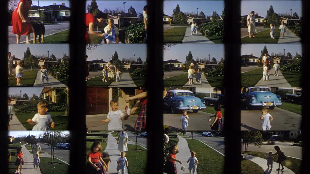 1958 California archival home movie collage showing representative scenes from this vintage stock footage collection