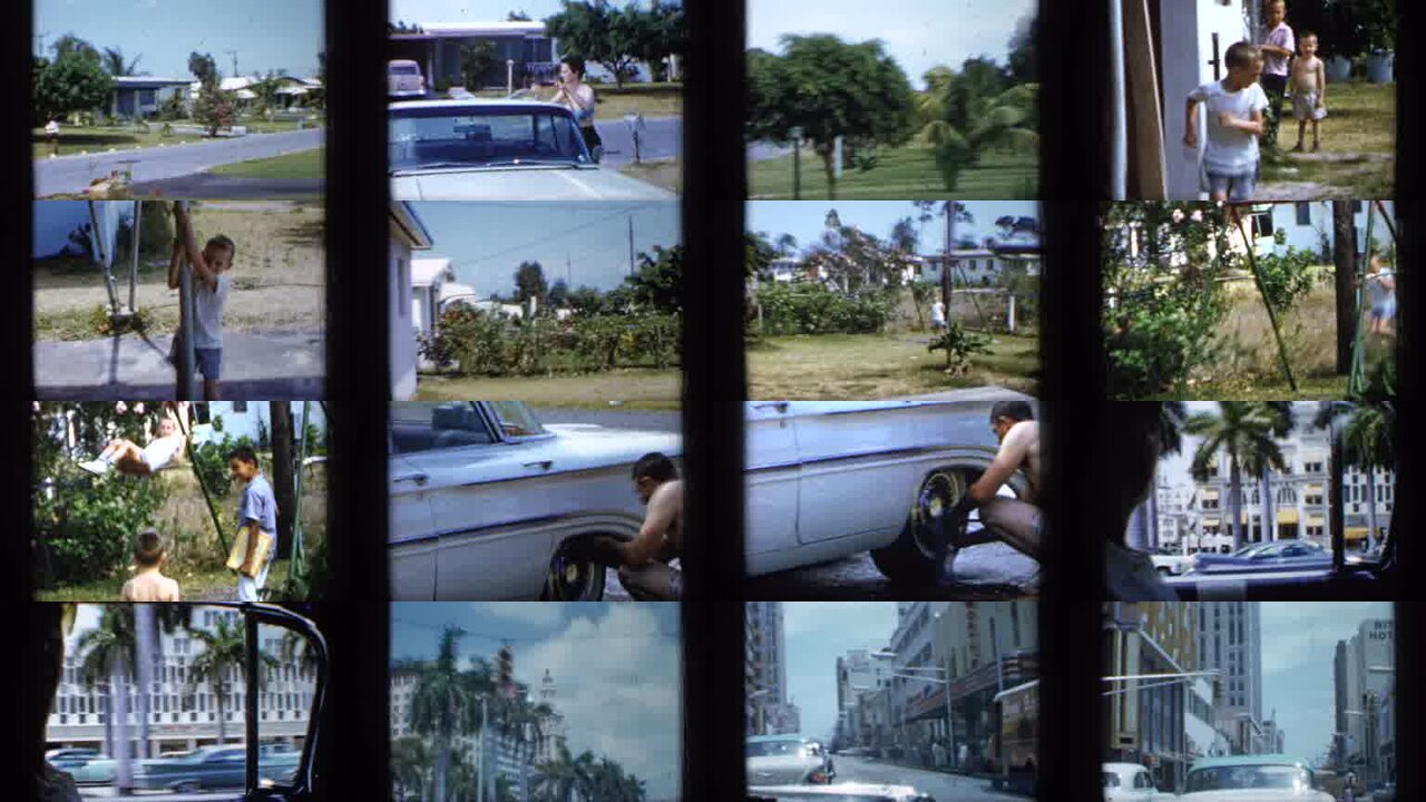1958 Florida archival home movie collage showing representative scenes from this vintage stock footage collection