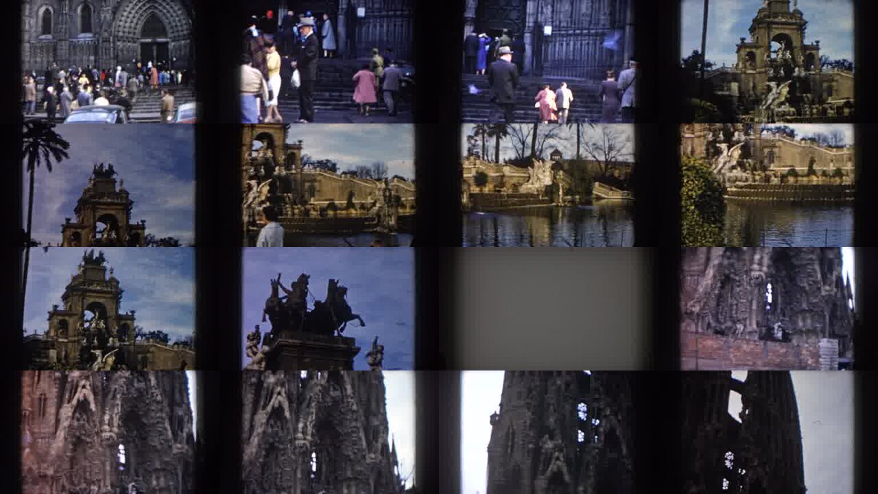 1959 Barcelona Spain archival home movie collage showing representative scenes from this vintage stock footage collection