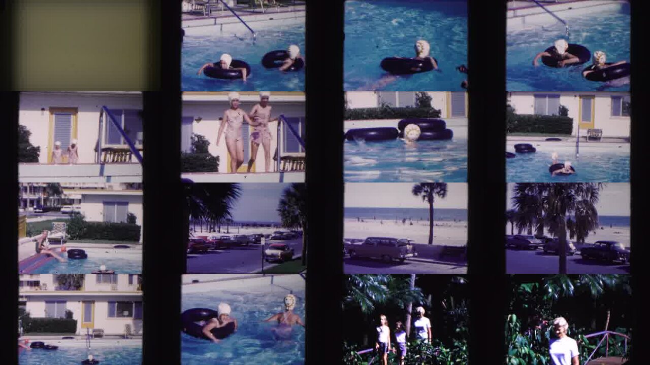 1960 Miami Florida archival home movie collage showing representative scenes from this vintage stock footage collection