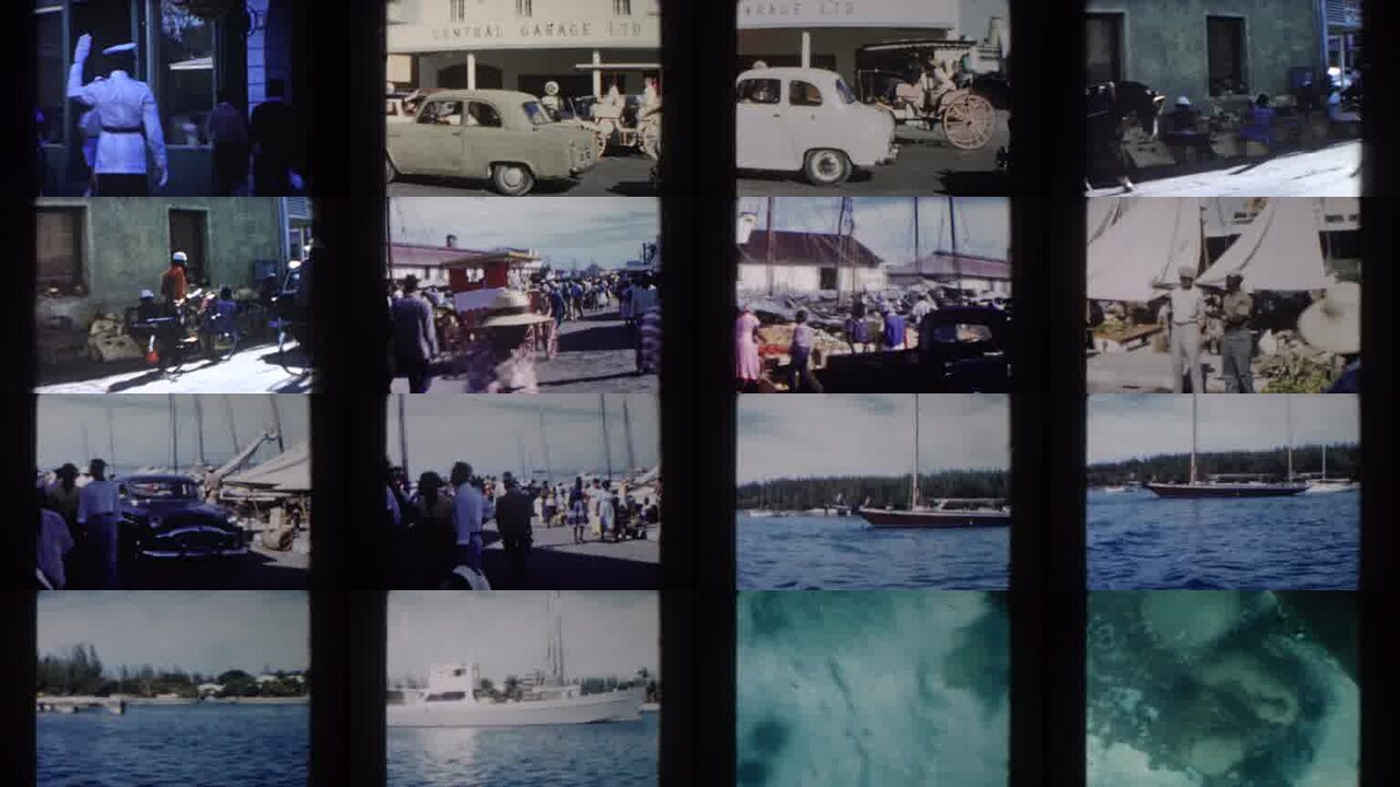 1961 Nassau Bahamas archival home movie collage showing representative scenes from this vintage stock footage collection