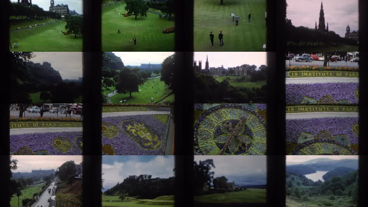 1961 Scotland archival home movie collage showing representative scenes from this vintage stock footage collection