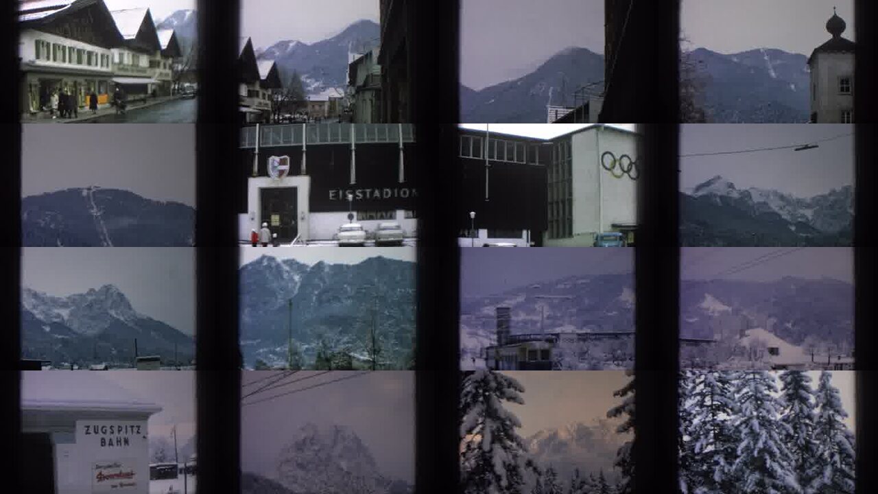 1963 Munich Germany archival home movie collage showing representative scenes from this vintage stock footage collection