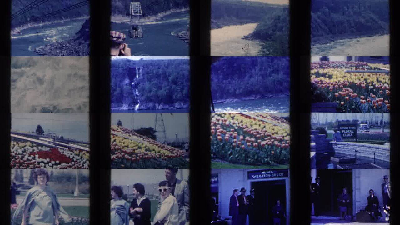 1963 Niagra Falls Canada archival home movie collage showing representative scenes from this vintage stock footage collection