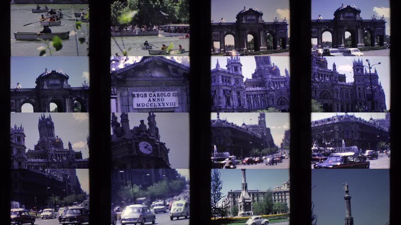 1967 Madrid Spain archival home movie collage showing representative scenes from this vintage stock footage collection