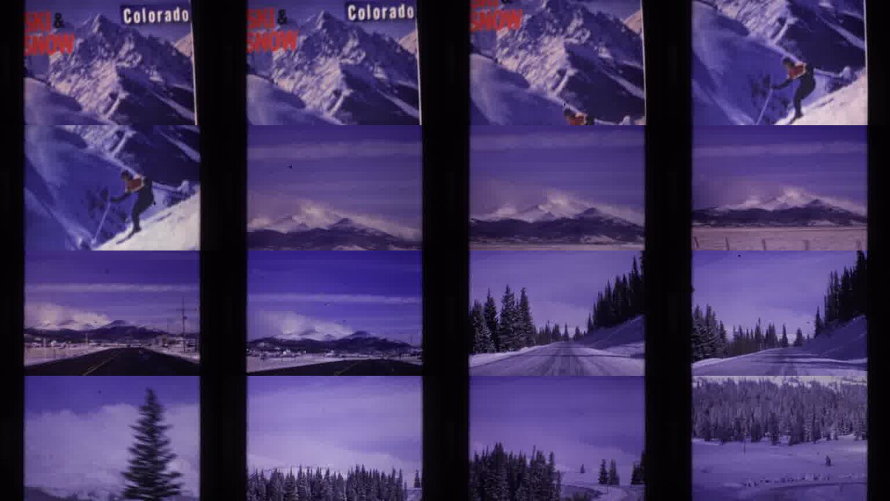 1974 Vail Colorado archival home movie collage showing representative scenes from this vintage stock footage collection